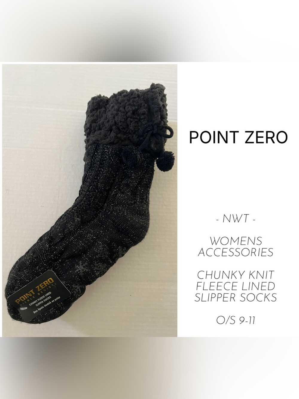 POINT ZERO - O/S 9-11 - NWT - WOMENS BLACK / GOLD CHUNKY KNIT SLIPPER SOCKS